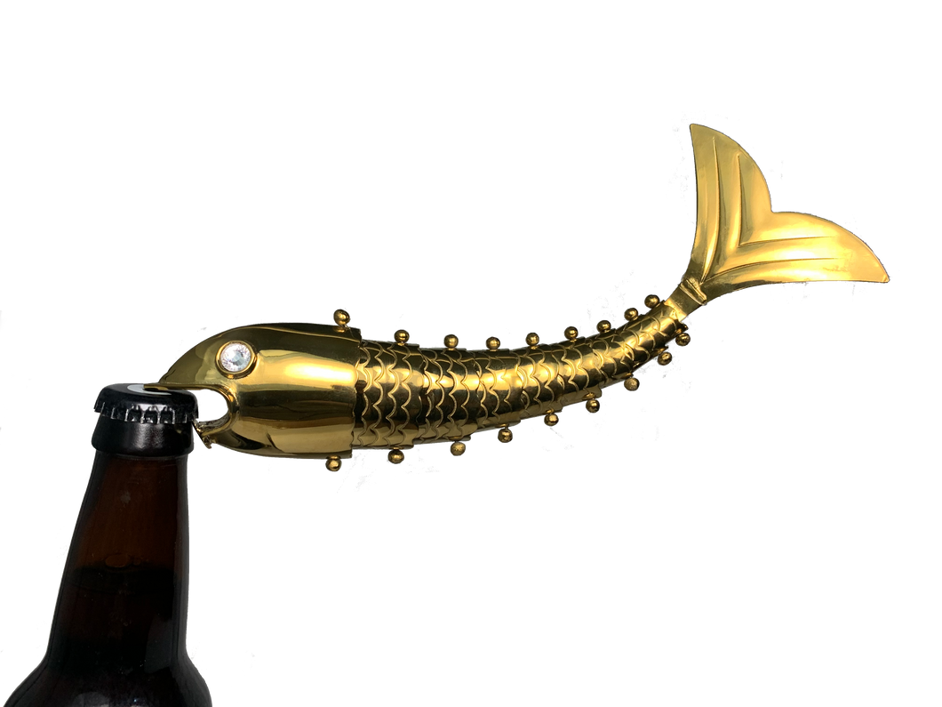 Brass Segmented Fish Beer Bottle Opener from Evvy Functional Art (Gold Finish)